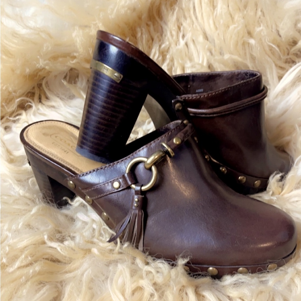 Coach A0562 Leather Tassel Studded Mules Heels.
